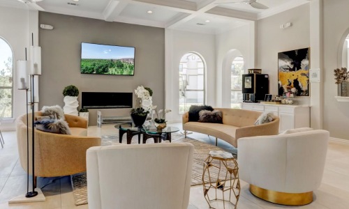 a living room with a large television