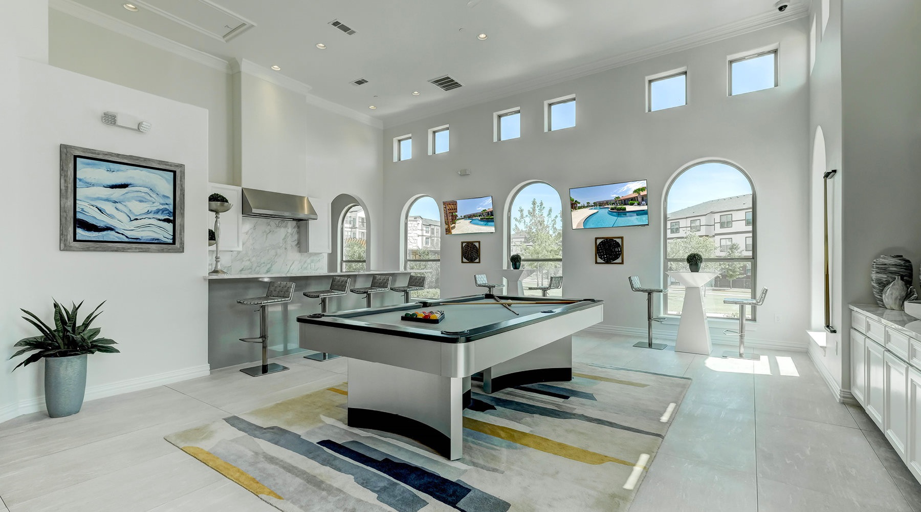 a large room with a large table and a large window